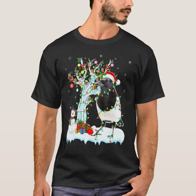 Camiseta Magpie Bird Xmas Tree Iluminación Santa Hat Magpie (Anverso)