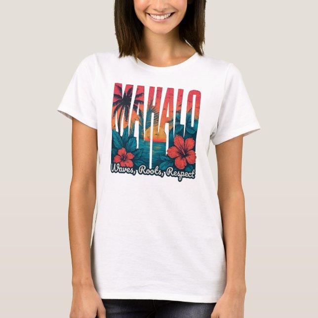 Camiseta MAHALO Sunset Typography - Arte callejero costero (Anverso)