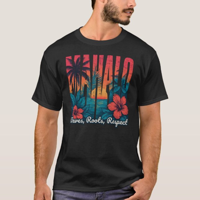 Camiseta MAHALO Sunset Typography - Arte callejero costero (Anverso)