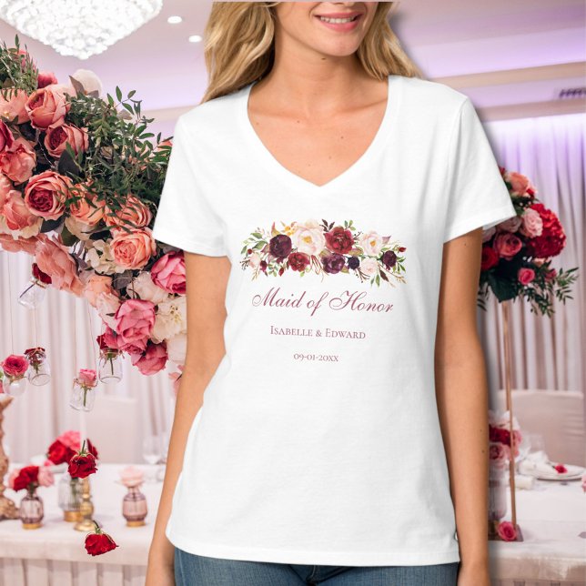Camiseta Maid De Honor Burgundy Pink Rose Floral (Subido por el creador)