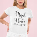 Camiseta Maid of Honor Black Modern Script Custom Wedding<br><div class="desc">Elegante Camisa de doncella de honor en un guión negro de moda con texto de nombre personalizado - para la fabulosa mujer parada a su lado!</div>