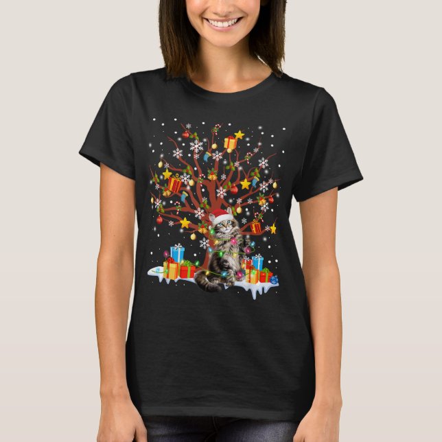 Camiseta Maine Coon Cat Árbol de navidad luces decoro adorn (Anverso)