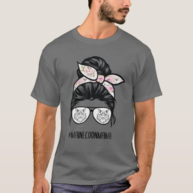 Camiseta Maine Coon Cat Mom Messy Bun Hair Glasses (Anverso)