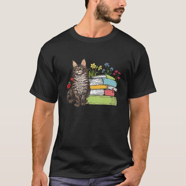 Camiseta Maine Coon Cat Propietario Libros Leyendo Flores (Anverso)