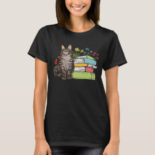 Camiseta Maine Coon Cat Propietario Libros Leyendo Flores