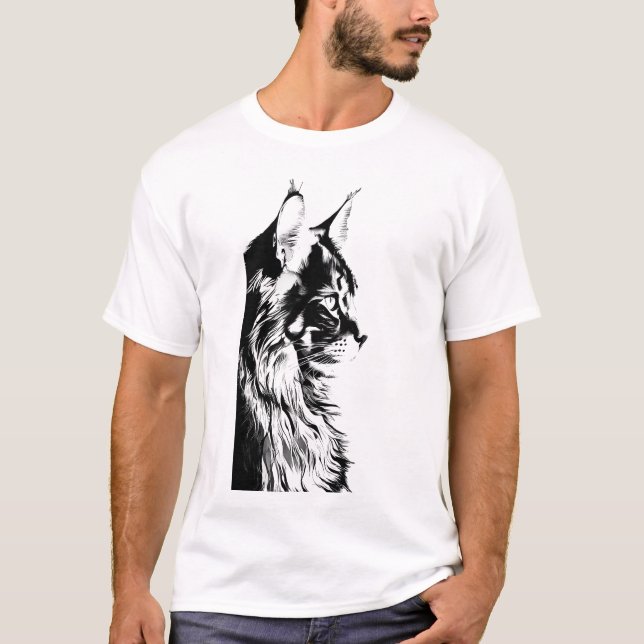 Camiseta Maine Coon T-Shirt: White Tee Black & White Cat (Anverso)