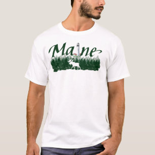 Camiseta Maine, faro, pinos, alce de silueta