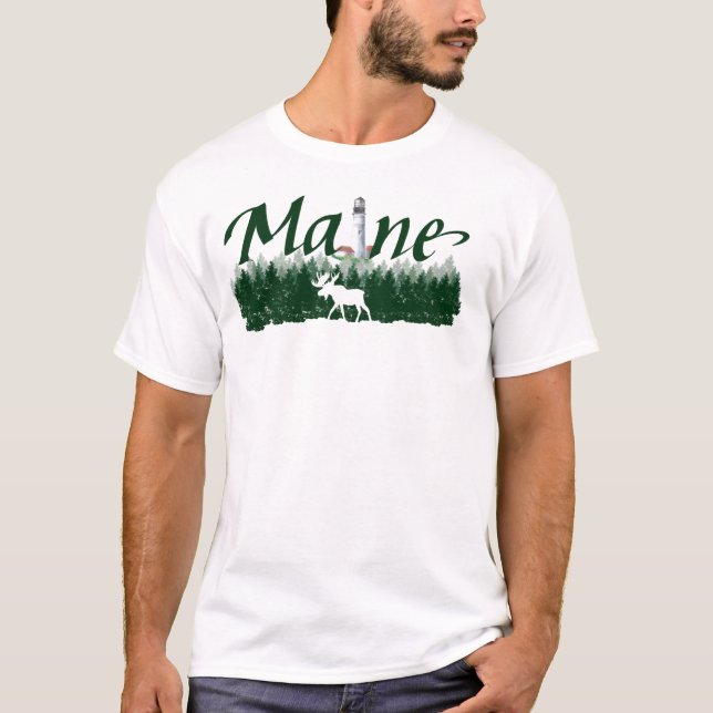 Camiseta Maine, faro, pinos, alce de silueta (Anverso)