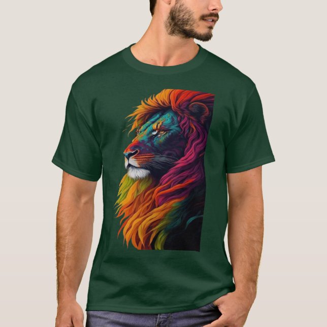 Camiseta "Majestad del Arcoiris - Vibrante Tee de Arte León (Anverso)
