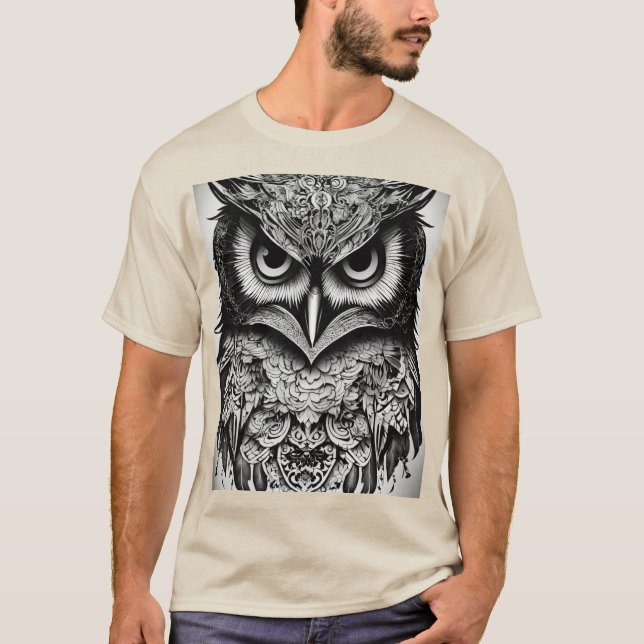 Camiseta Majestad Monocroma: Tatuajes de cabeza de búho art (Anverso)