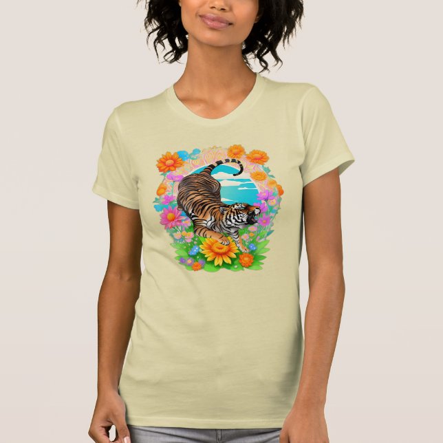 Camiseta Majestic Tiger in Tropical Floral Garden Retro  (Anverso)