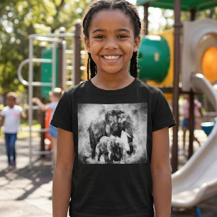 Camiseta Majestuosa Elefanta Africana con Cría B&N