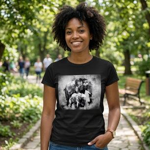 Camiseta Majestuosa Elefanta Africana con Cría B&N
