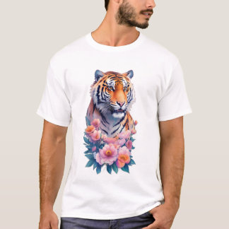 Camiseta Majestuoso retrato de tigre con peonías rosadas 