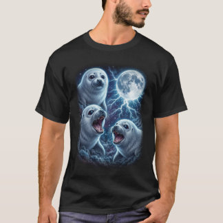Camiseta Majestuoso Sello de Luna con Tres Bebés y Océano c