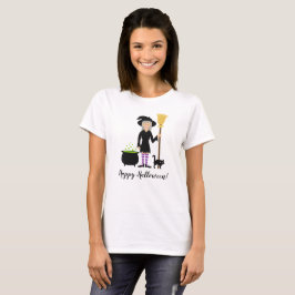 Camiseta Mala Bruja con su gato y feliz texto de Halloween