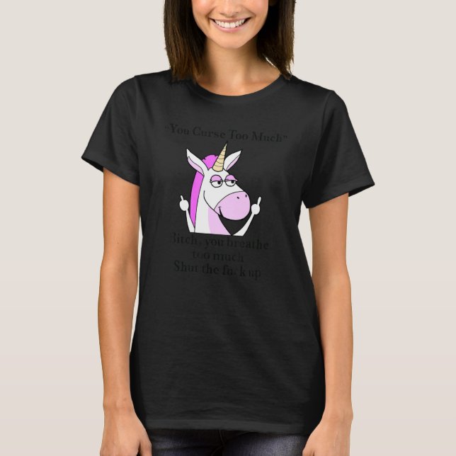 Camiseta Maldices demasiado humor rosa de unicornio (Anverso)