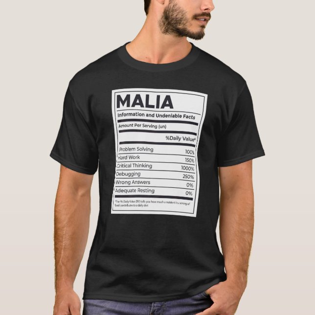 Camiseta Malia Nutrition Information Problement Soluting Ha (Anverso)