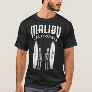 Camiseta Malibu Beach California Surfing Art Skeleton Surfe