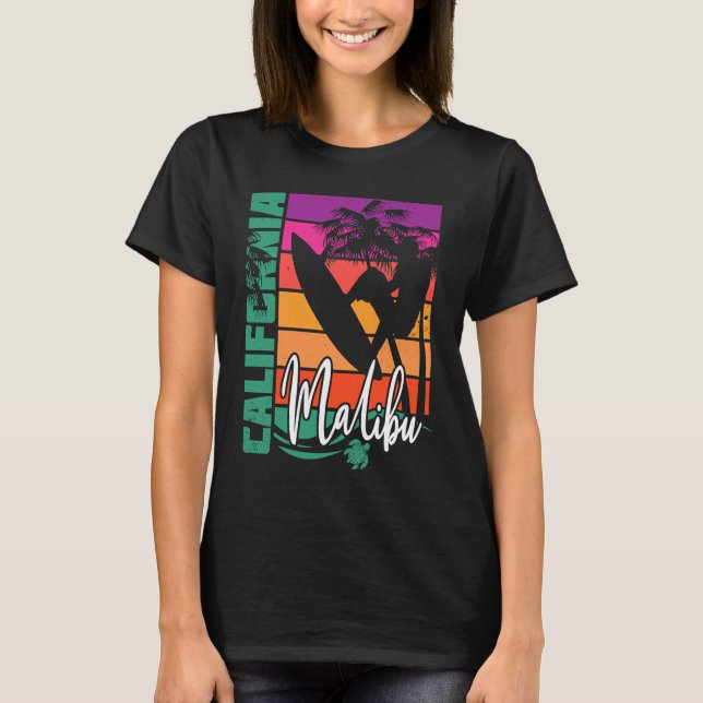 Camiseta Malibu California Retro Sunset Beach Surfer Surfin (Anverso)