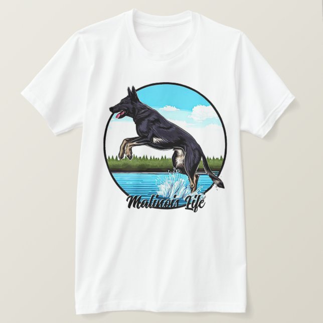 Camiseta Malinois negro en el agua (Anverso del diseño)