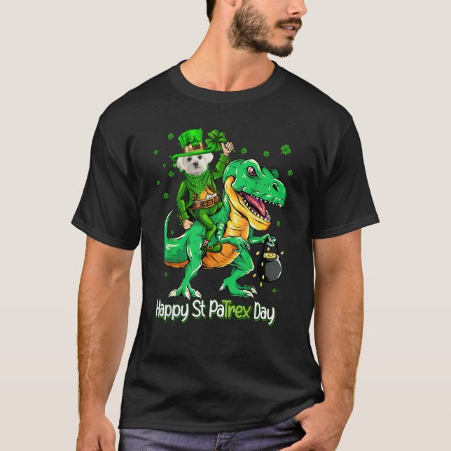 Camiseta Maltese Riding Dinosaur Patricks Day Shamrock (Anverso)