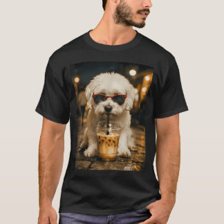 Camiseta Maltipoo bebiendo café helado divertido