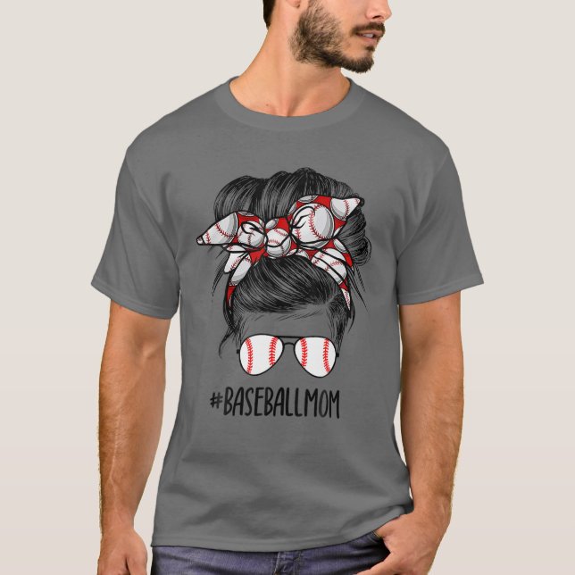 Camiseta Mamá blanqueada de béisbol Messy Bun Softball Mom  (Anverso)