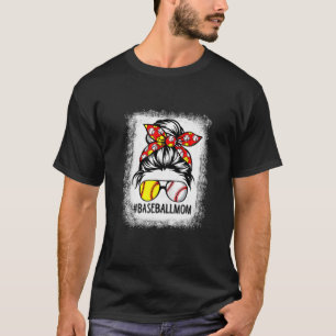 Camiseta Mamá blanqueada de béisbol Messy Bun Softball Mom 