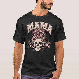 Camiseta Mama Calavera Moño Despeinado Cabello Rosa Hallowe