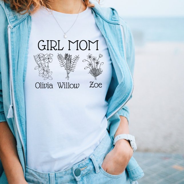 Camiseta Mamá chica Tres Nombres De Flores Silvestres (Personalized Girl Mom Kid's Names Wildflower T-Shirt)