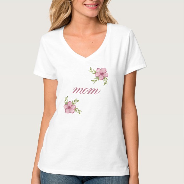 Camiseta Mamá con flores rosadas cuello-V femenino (Anverso)