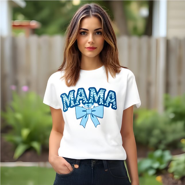 Camiseta MAMA Coquette Blue Floral (White MAMA Bow T-shirt .)