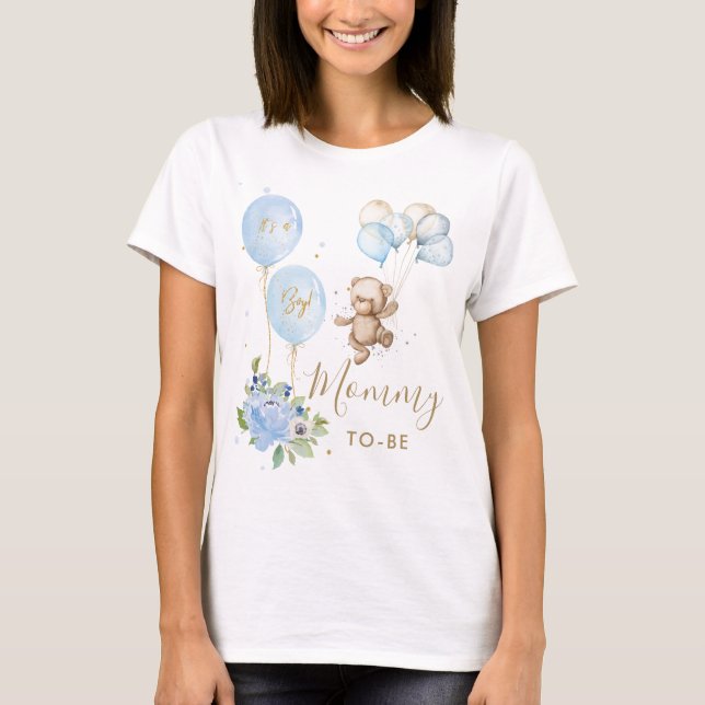Camiseta Mamá de Baby Shower de Blue Floral Cute Bear Boy (Anverso)