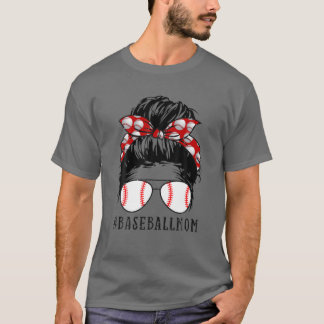 Camiseta Mamá de béisbol Messy Bun Orgullosa Mamá Escarfa D