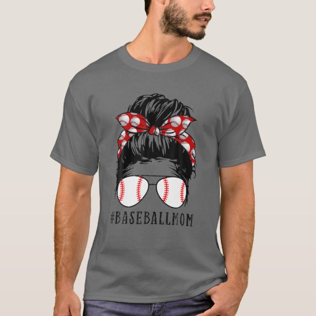Camiseta Mamá de béisbol Messy Bun Orgullosa Mamá Escarfa D (Anverso)
