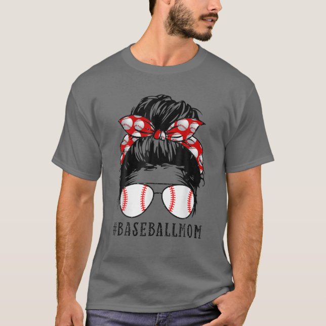 Camiseta Mamá de béisbol Messy Bun Orgullosa Mamá Escarfa D (Anverso)