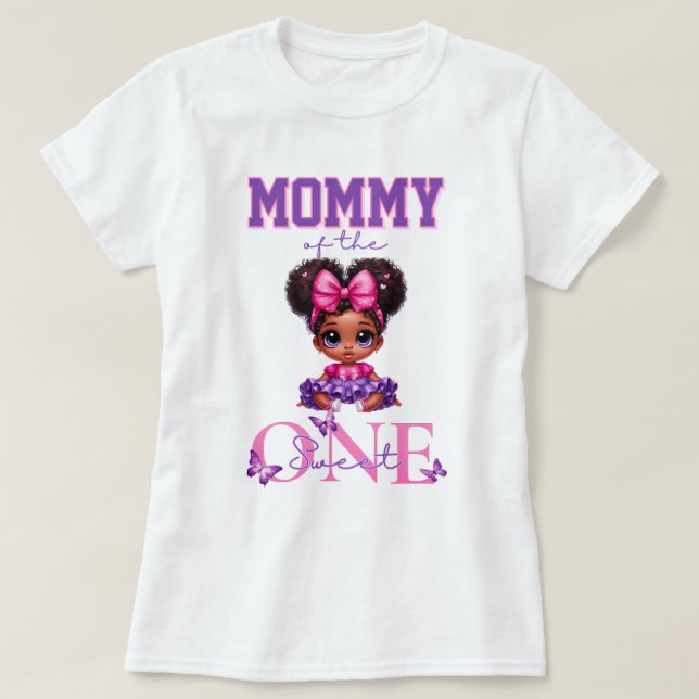 Camiseta Mamá de la dulce, una niña afro primer cumpleaños (Diseño del anverso)