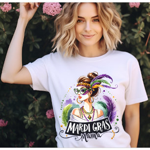 Camiseta Mama de Mardi Gras Pelo Desordenado en Moño Gafas
