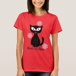 Camiseta Mamá Gato Negro con Flores Rosadas Bonitas Amante 