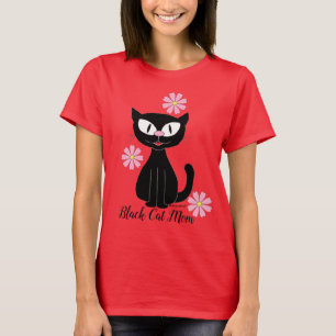 Camiseta Mamá Gato Negro con Flores Rosadas Bonitas Amante