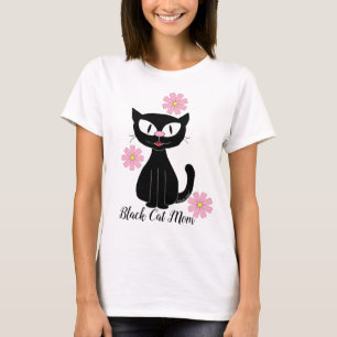 Camiseta Mamá Gato Negro con Flores Rosadas Bonitas Amante