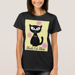 Camiseta Mamá Gato Negro con Flores Rosadas Bonitas Amante