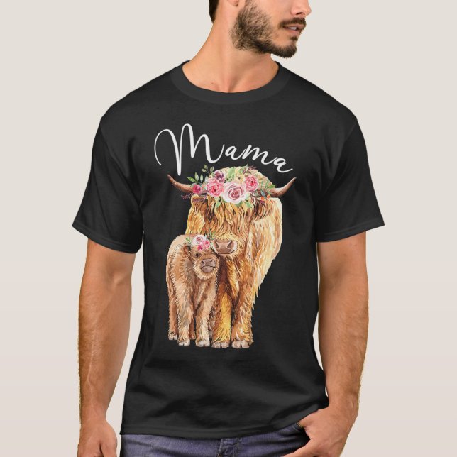 Camiseta Mama Highland Cow Con Bebé Madres Florales De Calf (Anverso)