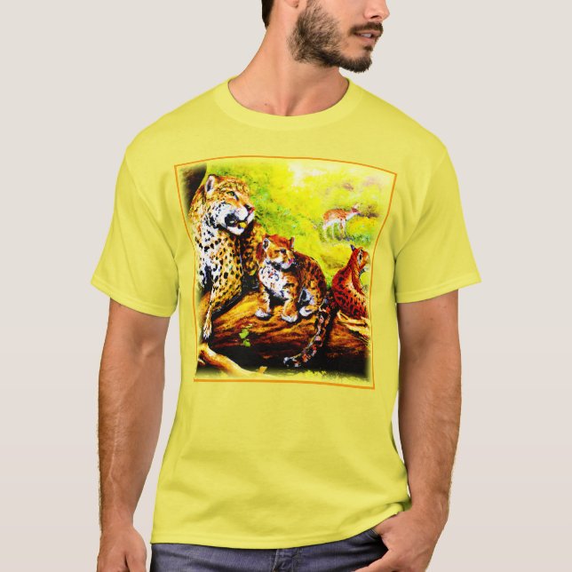 Camiseta Mamá jaguar y cachorros relajándose en la jungla.  (Anverso)