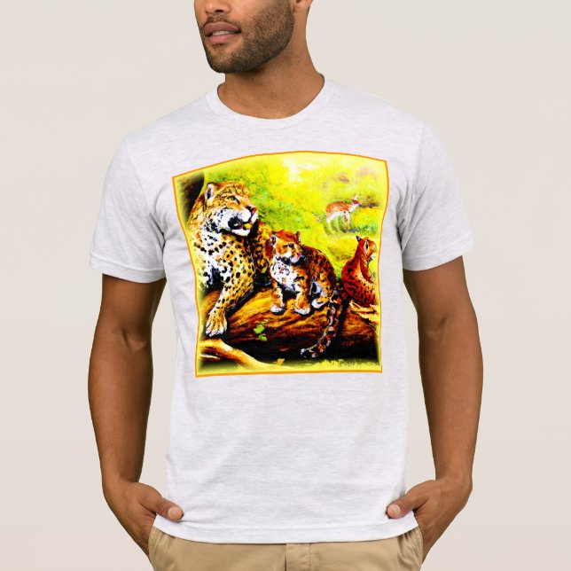 Camiseta Mamá jaguar y cachorros relajándose en la jungla.  (Anverso)