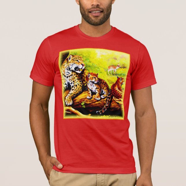 Camiseta Mamá jaguar y cachorros relajándose en la jungla.  (Anverso)