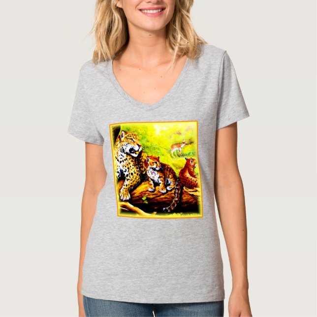 Camiseta Mamá jaguar y cachorros relajándose en la jungla.  (Anverso)