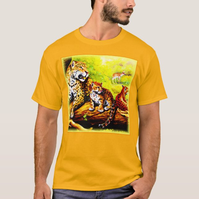 Camiseta Mamá jaguar y cachorros relajándose en la jungla.  (Anverso)