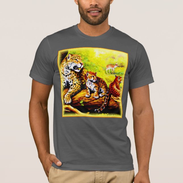 Camiseta Mamá jaguar y cachorros relajándose en la jungla.  (Anverso)